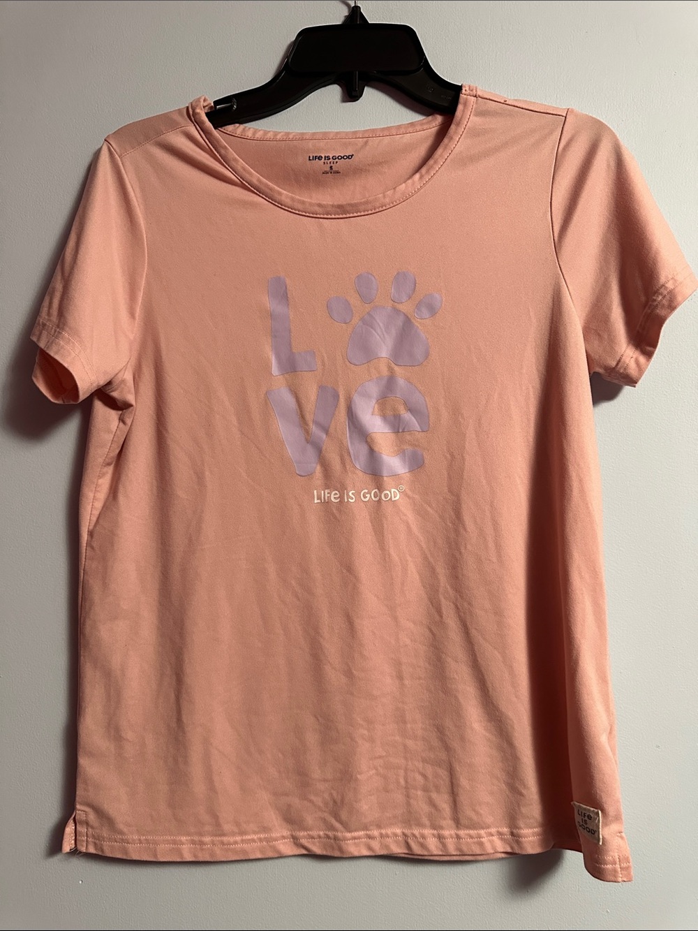 Life Is Good Peach Short Sleeve Dog Sleep Shirt with Lavender Paw 'LOVE' Graphic
